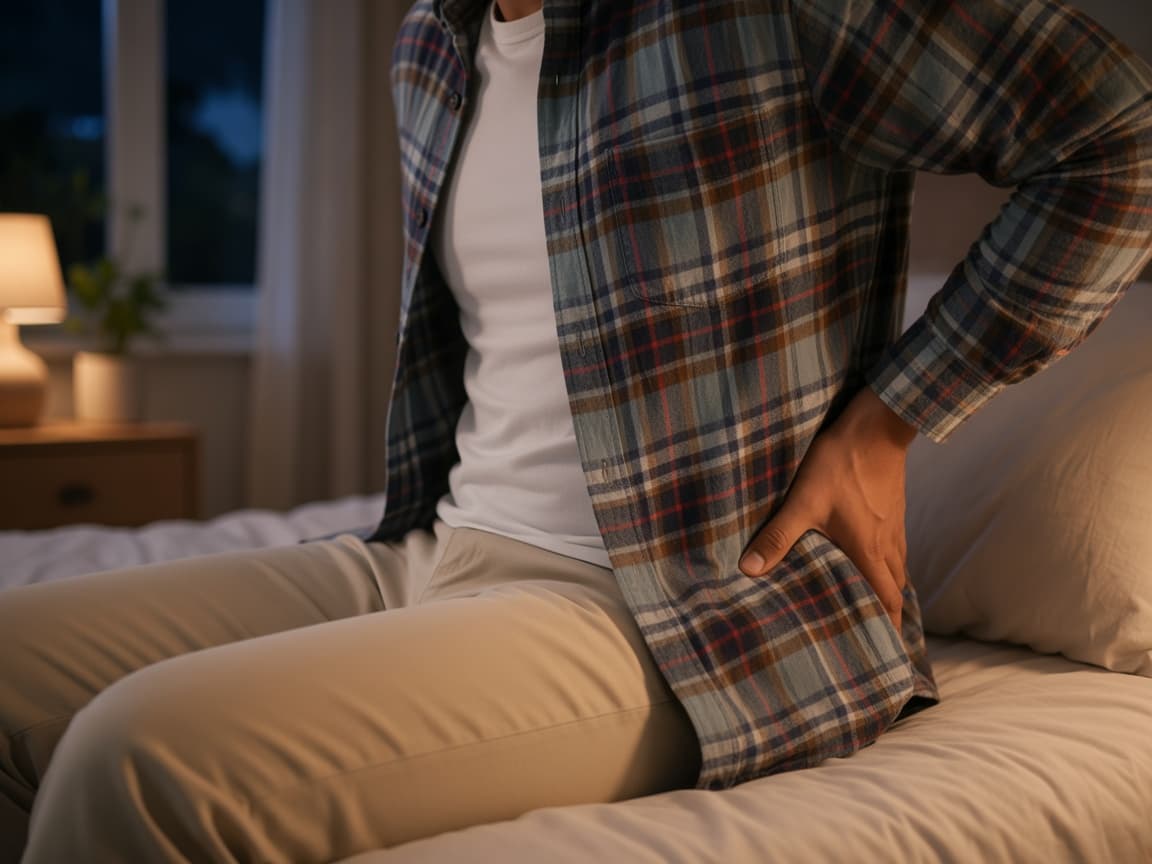 Person holding their lower back at night