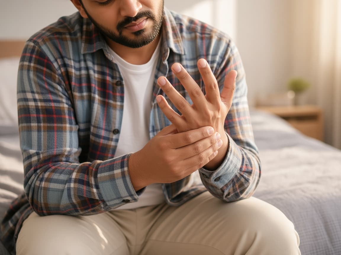Person rubbing stiff fingers in the morning